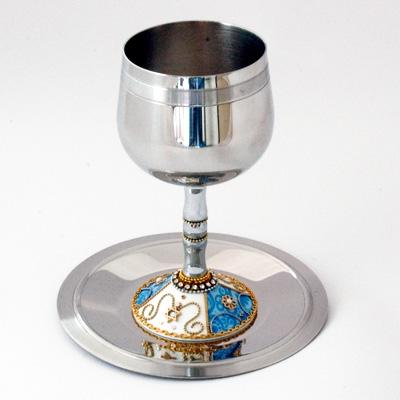 Stainless Steel Kiddush Cup Blue & White 