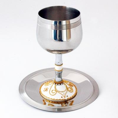 Stainless Steel Kiddush Cup Gold & White 