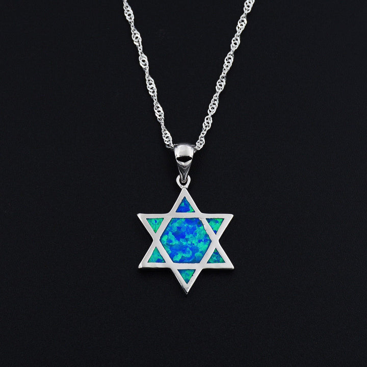 Star Of David Blue Fire Opal Pendant Necklace 