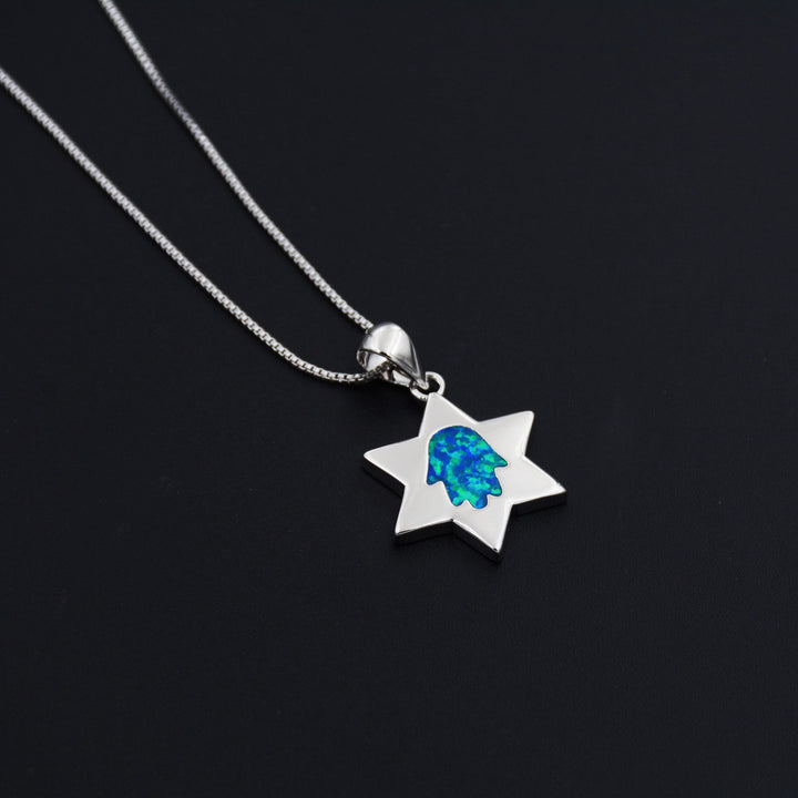 Star Of David Blue Fire Opal Pendant Necklace 
