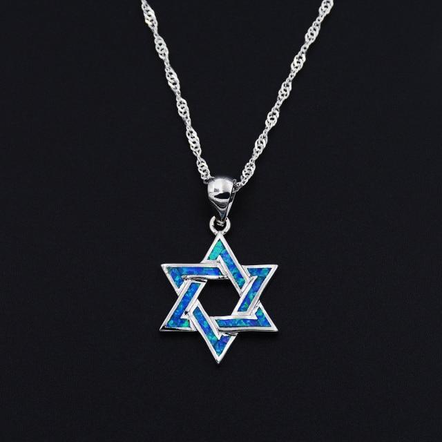 Star Of David Blue Fire Opal Pendant Necklace Light Yellow Gold Color 