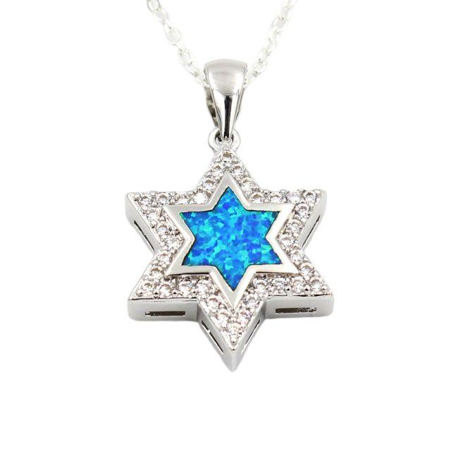 Star Of David Blue Fire Opal Pendant Necklace Rhodium Plated 