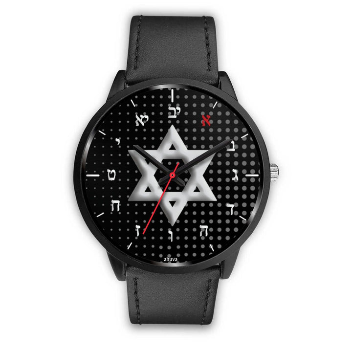 Star Of David Carbon Fiber Hebrew Watch Black Watch Mens 40mm Black Leather 