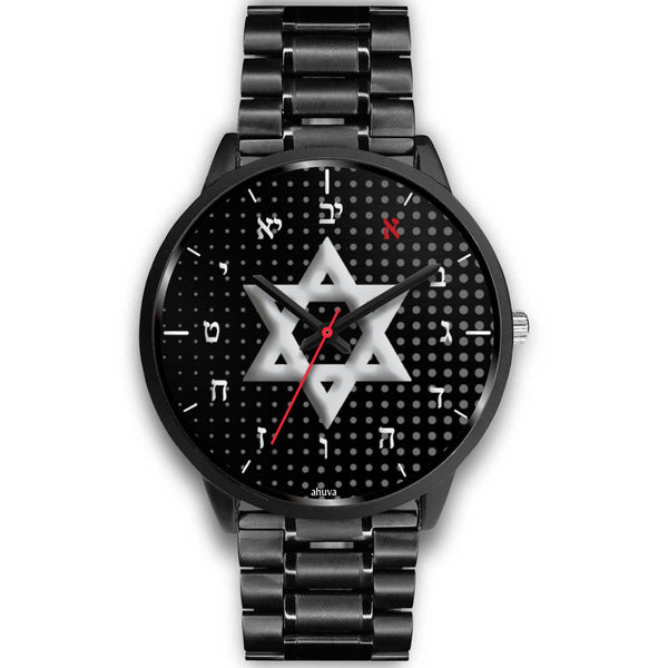 Star Of David Carbon Fiber Hebrew Watch Black Watch Mens 40mm Black Metal Link 