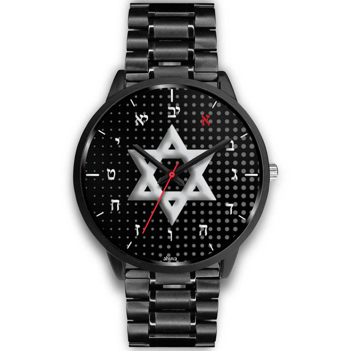 Star Of David Carbon Fiber Hebrew Watch Black Watch Mens 40mm Black Metal Link 