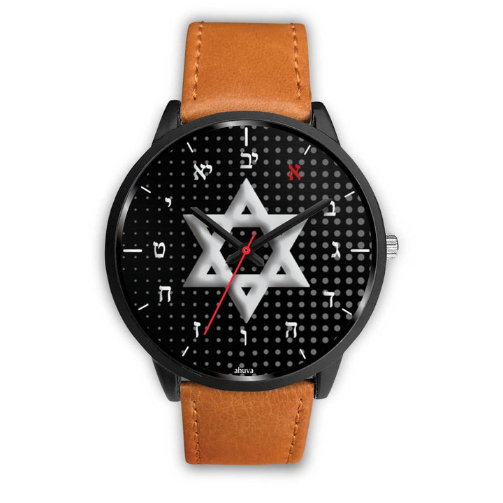 Star Of David Carbon Fiber Hebrew Watch Black Watch Mens 40mm Brown Leather 