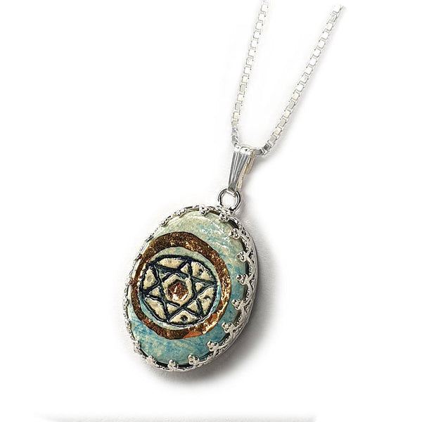 Star Of David Handmade Ceramic Pendant And Silver Necklace 