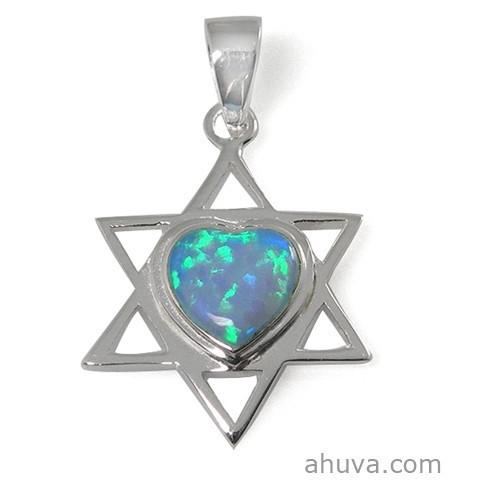 Star Of David Pendant With Opal Heart 18 inches Chain (45 cm) 