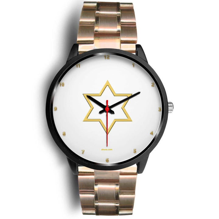 Star of David Wristwatch Black Watch Mens 40mm Rose Gold Metal Link 