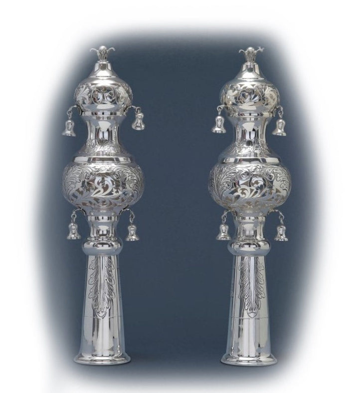Sterling Silver Etched Rimmonim Torah Crowns 