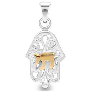 Sterling Silver Hamsa Pendant with Inner Chai 