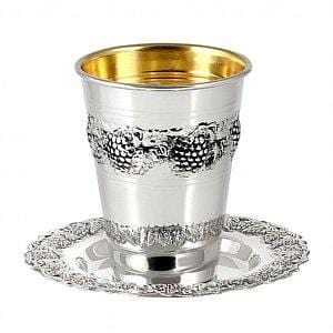 Sterling Silver Kiddush Cup Tray Set - Grapes 