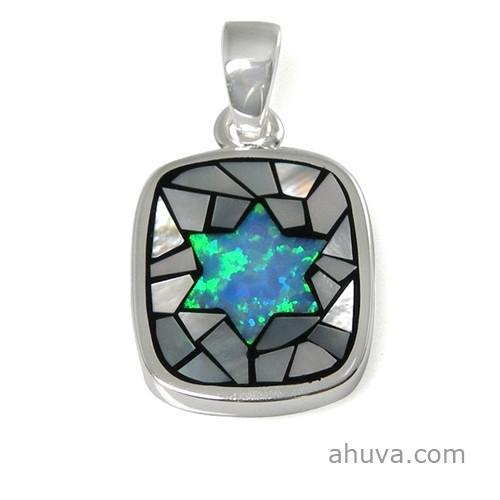 Sterling Silver Magen David Pendant With Opal 18 inches Chain (45 cm) 