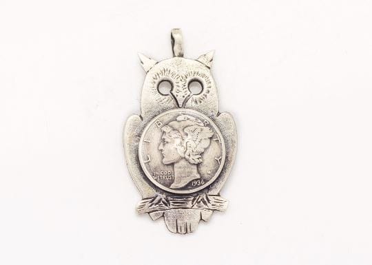 Sterling silver old coin necklace with the Mercury Dimes coin of US, ook piece of jewelry with owl Pendant 