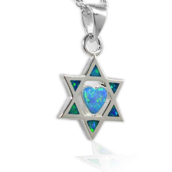Sterling Silver Opal Heart Jewish Star Pendant Sterling Silver Opal Heart Jewish Star Pendant 