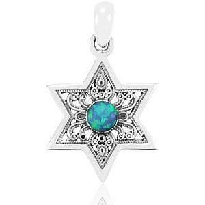 Sterling Silver Star of David Pendant - Filigree with Opal 
