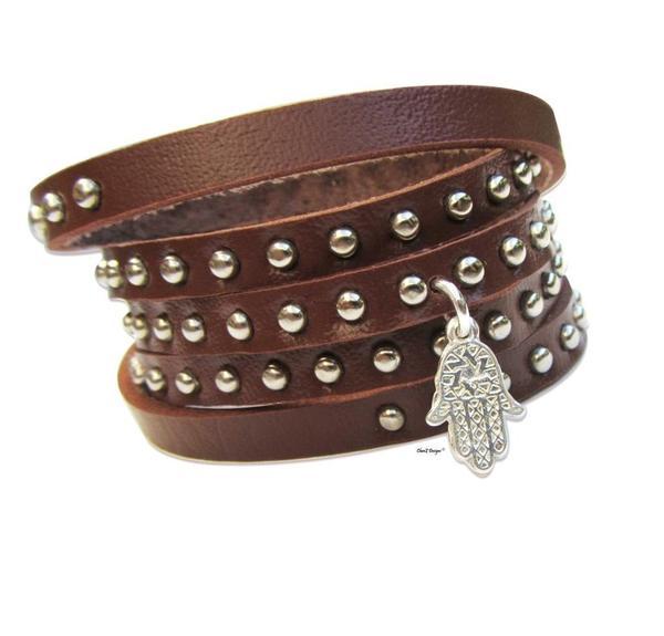 Studded Leather Wrap Bracelets Brown 