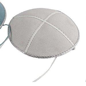 Suede Baby or Toddler Kippah w/Straps - White/Silver Trim 