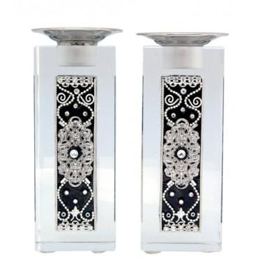 Swarovski Crystal Shabbat Candlesticks Sets Black & White Crystal 4" 