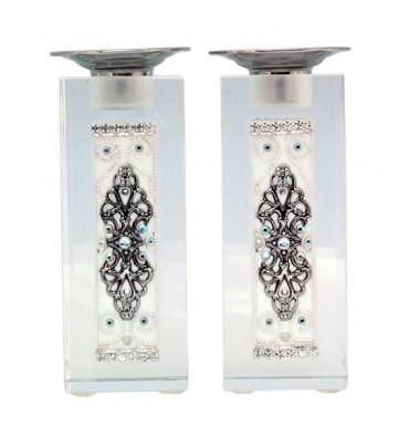 Swarovski Crystal Shabbat Candlesticks Sets White Crystal Silver 4" 