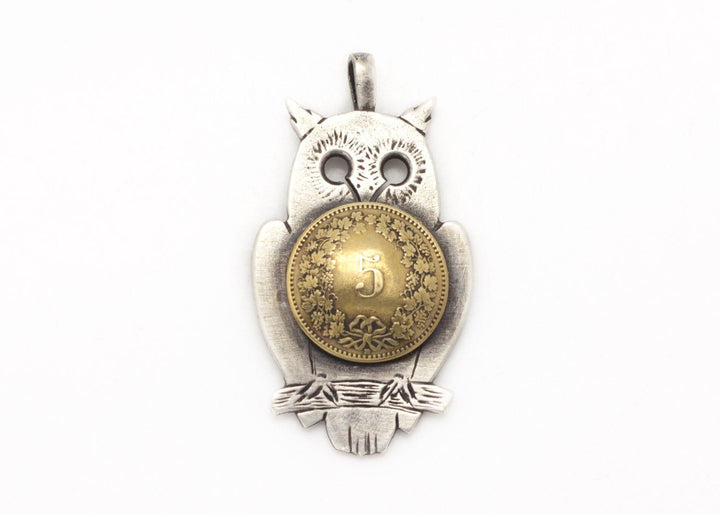 Swiss Old Coin Owl Necklace- 5 Rappen Coin of Switzerland 