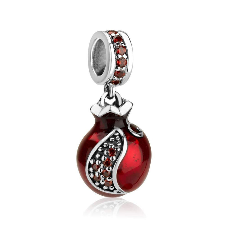 Symbolic Hanging Bead Charm Pomegranate Garnet Stones Red Enamel Silver Israel Jewish Jewelry 