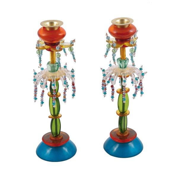 Tall Candlesticks + 2 rows beads - Turquoise/Orange/Green 