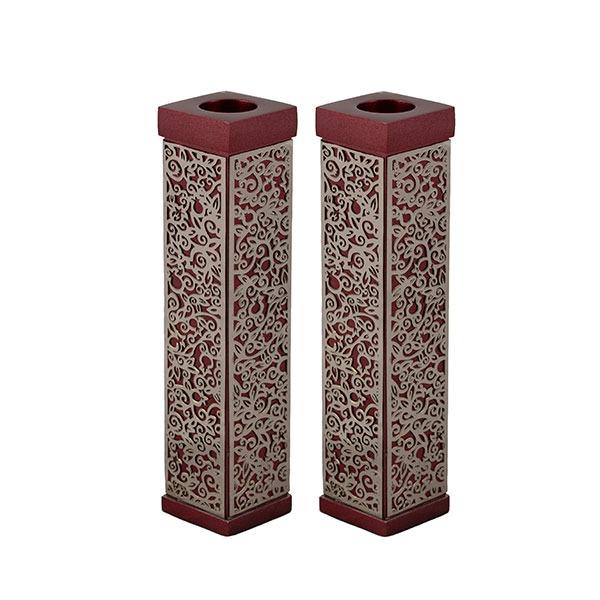 Tall Square Candlesticks + Metal Cutout - Maroon 