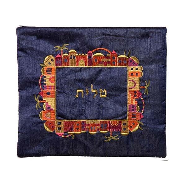 Tallit Bag - Embroidery -Jerusalem - Multicolor on Blue 