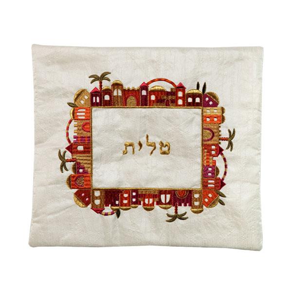 Tallit Bag - Embroidery - Jerusalem - Multicolor on White 