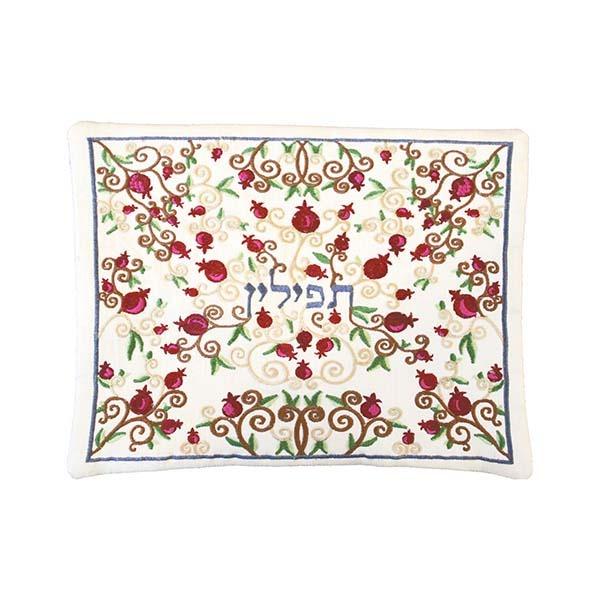 Tallit Bag - Machine Embroidery - Full Pomegranates - White 