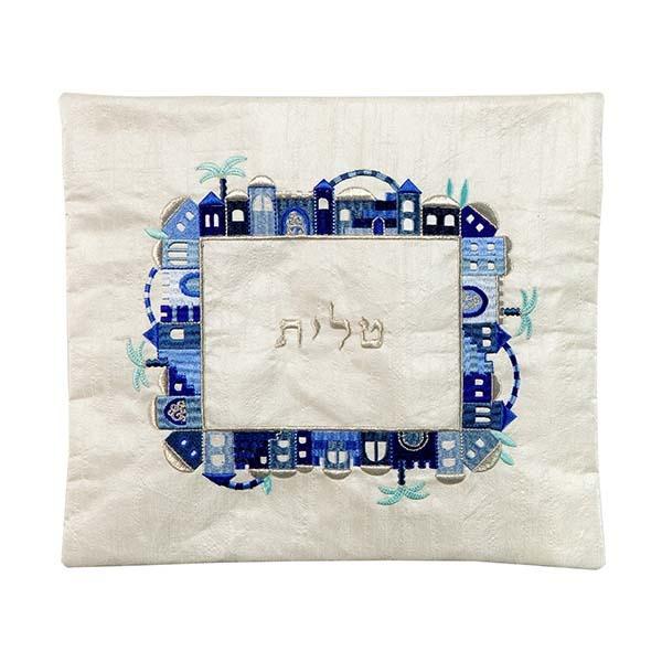 Tallit Bag - Machine Embroidery - Jerusalem - Blue on White 