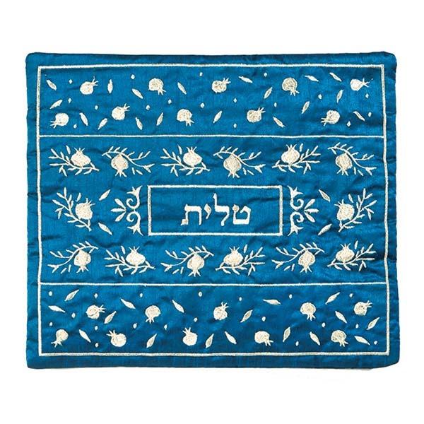 Tallit Bag - Machine Embroidery - Pomegranate Blue + Silver 