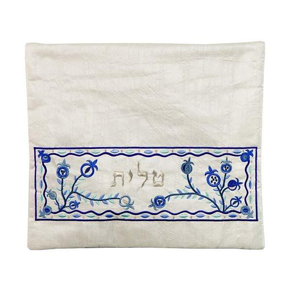 Tallit Bag- Machine Embroidery - Pomegranates - White 