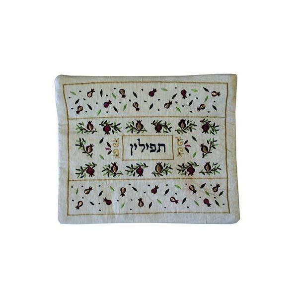 Tallit Bag - Machine Embroidery - Pomegranates - White 