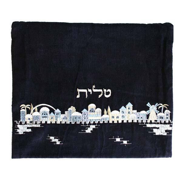 Tallit Bag - Velvet Embroidered - Jerusalem Blue 