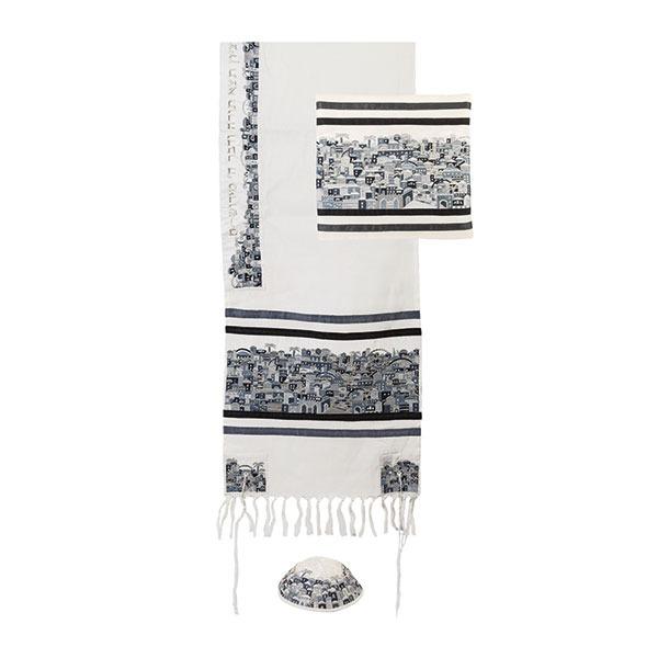 Tallit - Dense Embroidery - Jerusalem -Black/Gray 