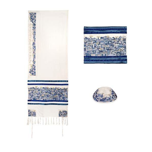 Tallit - Dense Embroidery - Jerusalem - Blue 