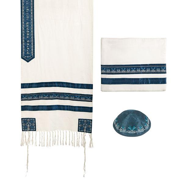 Tallit - Embroidered + Embroidered Stripe - Blue 