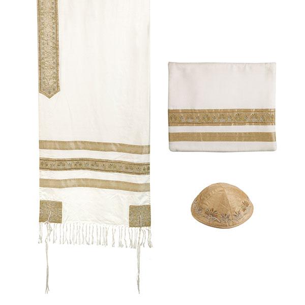 Tallit - Embroidered + Embroidered Stripe - Gold 