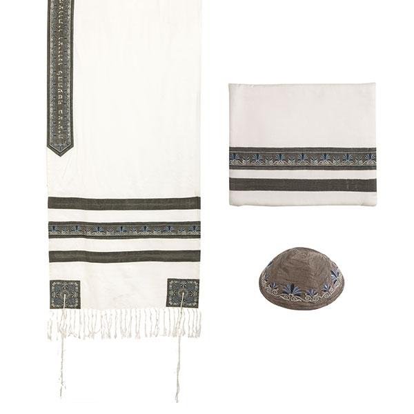 Tallit - Embroidered + Embroidered Stripe - Gray 