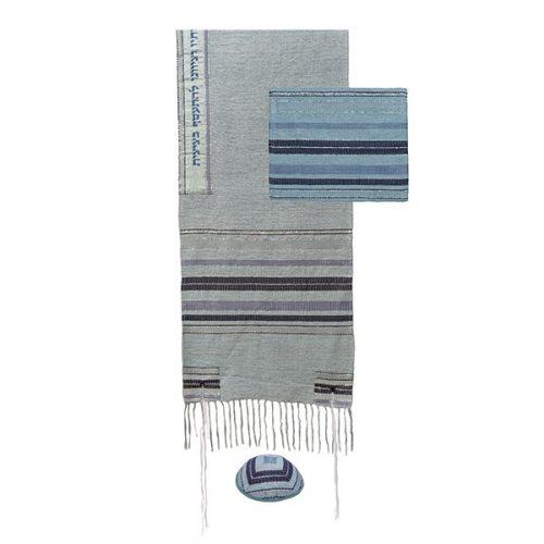 Tallit - Hand Woven + Atara with Blessing - 52 cm - Blue, Light Blue Background 