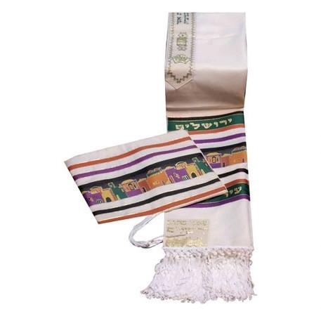 Tallit Set Aviv Jerusalem City Of Peace In Earth tones Tzizit Tied - Standard 24" x 72" (60/180 cm)