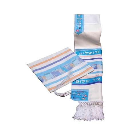 Tallit Set- Aviv Jerusalem City Of Peace In Pastel Colors Tzizit Tied - Standard 24 x 72" (60/180 cm)