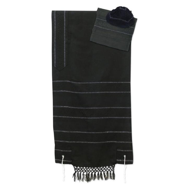 Tallit Set - Hand Woven Wool & Fringes Black Black/Gold 