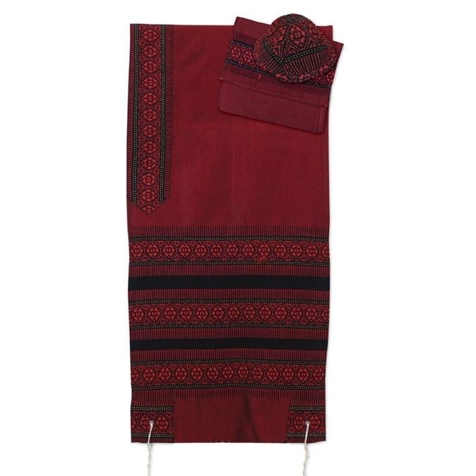 Tallit Set - Hand Woven Wool & Fringes Reds 
