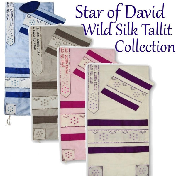 Tallit Set In Wild Silk Stars Embroidered 