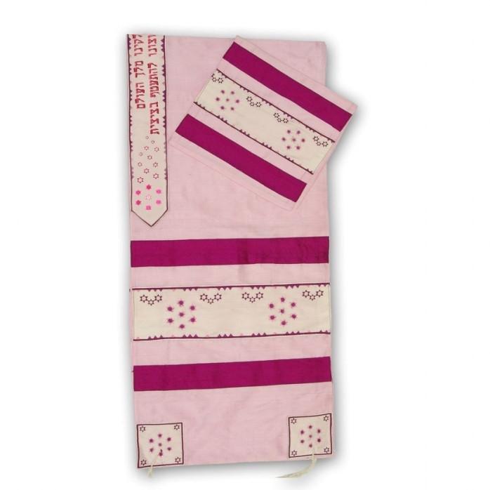 Tallit Set In Wild Silk Stars Embroidered Light Pink 