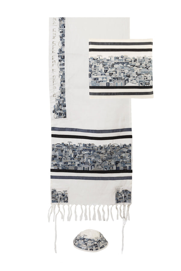 Tallit Set - Jerusalem Black & Grey Embroidery 