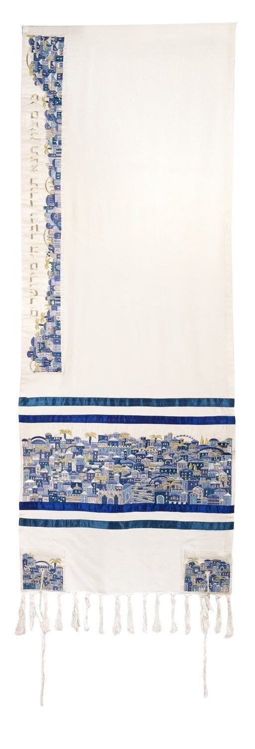 Tallit Set - Jerusalem Blues - Tight Knit Embroidery 